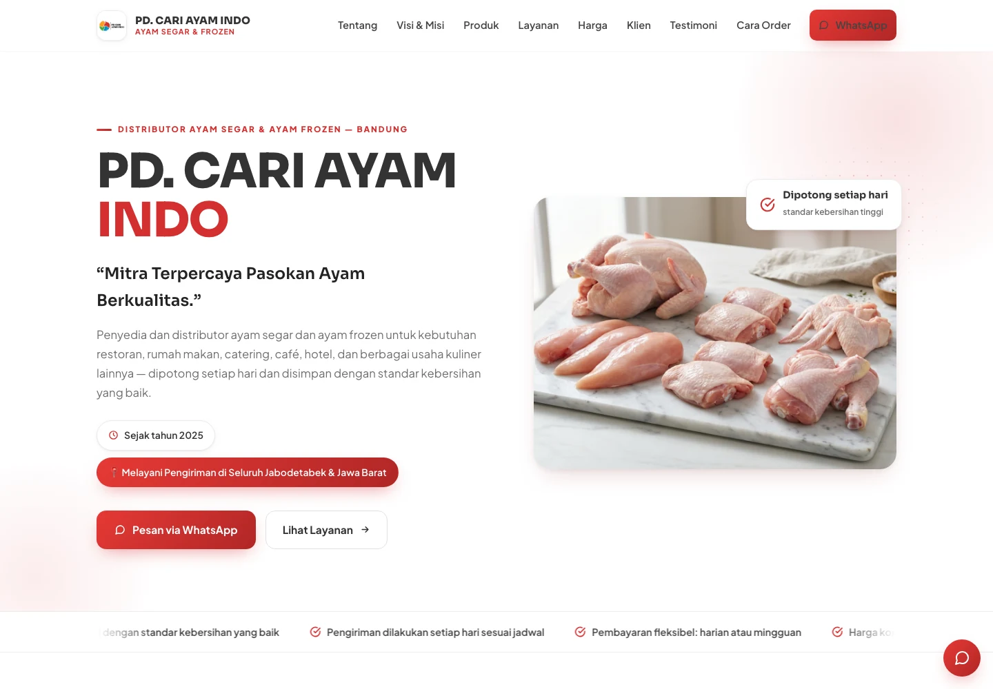 Tangkapan layar website PD. Cari Ayam Indo, menampilkan informasi pasokan ayam dan tombol pemesanan melalui WhatsApp.